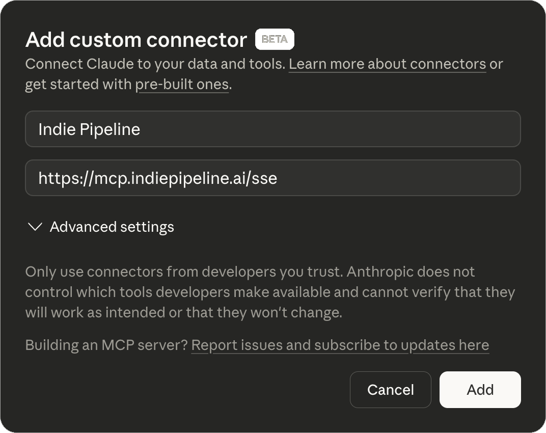 Add custom connector dialog